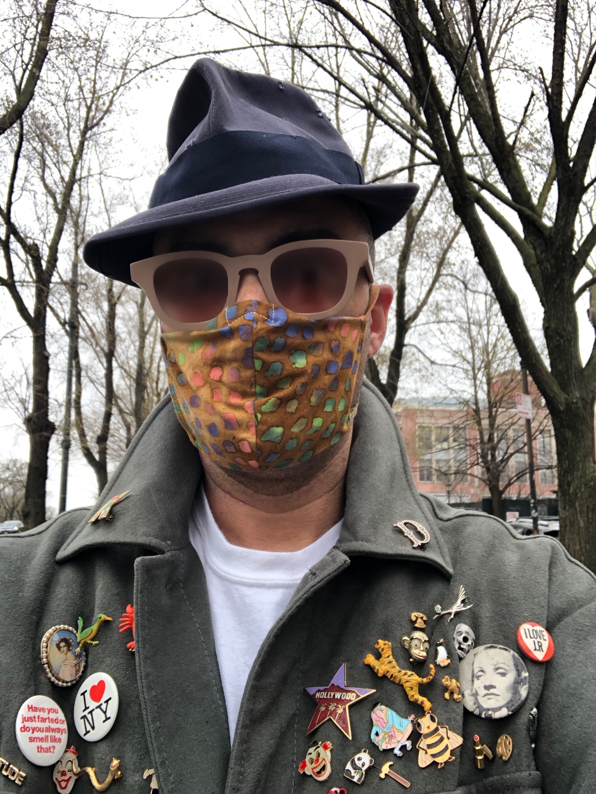 Savvy or scary? A New Yorker in Prospect Park, Brooklyn, wearing a mask made from...