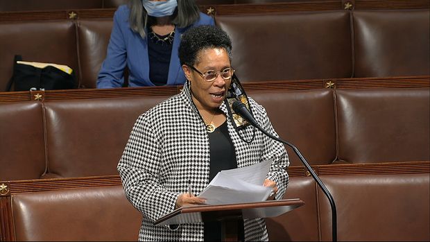 Rep. Marcia Fudge, D-Ohio, speaks on the floor of the House of Representatives in April....