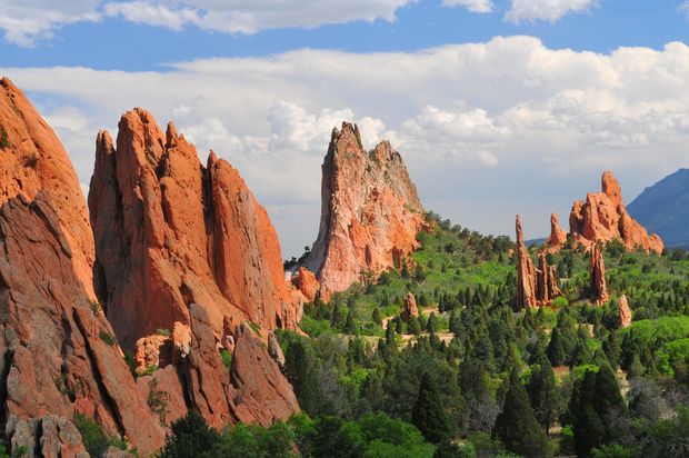 The Garden of the Gods rock formations rise abruptly at the foothills of the Rocky...