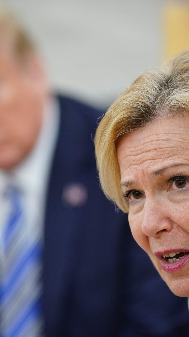Deborah Birx speaks last April in the Oval Office as then-President Donald Trump looks on...